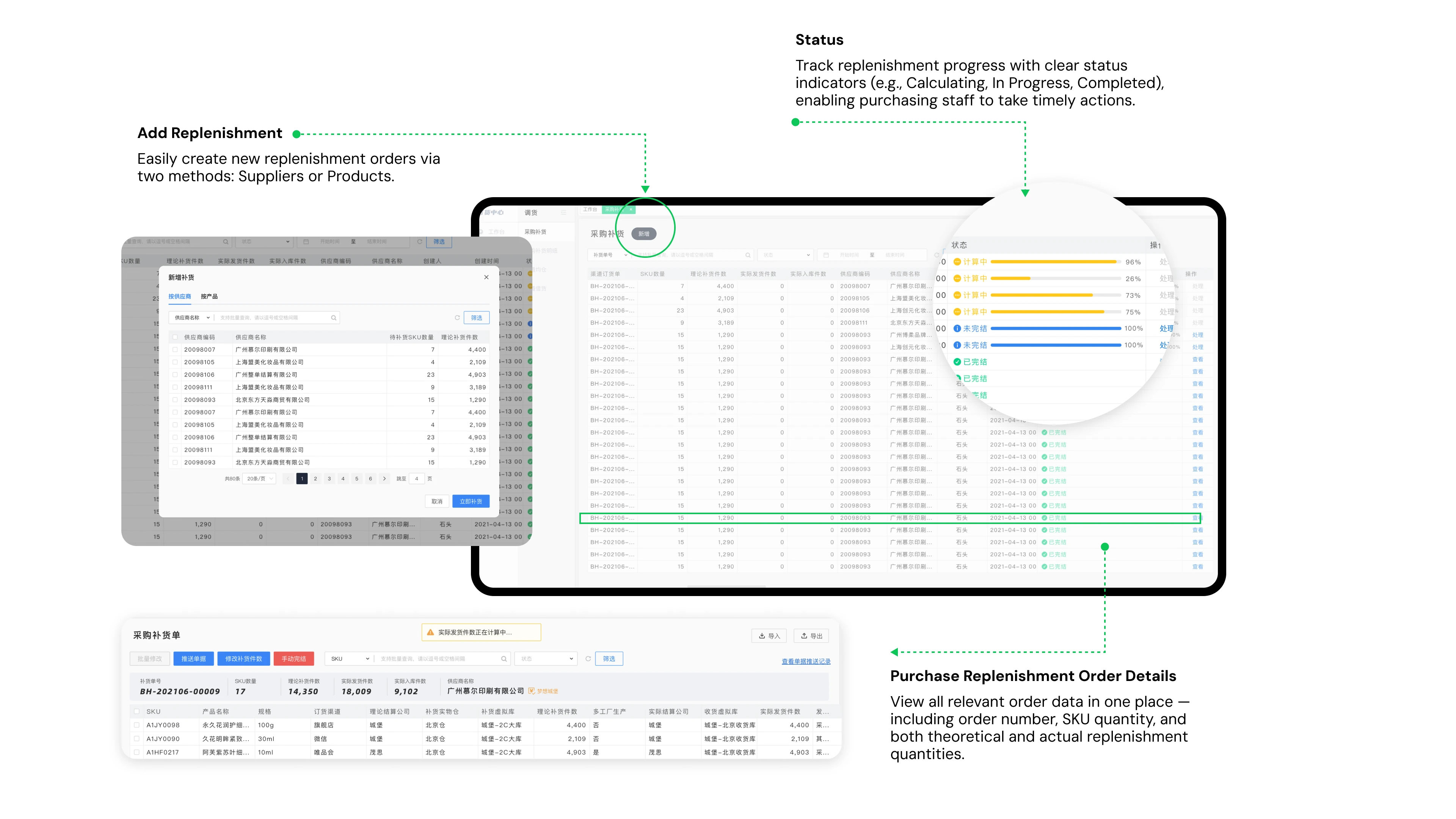 Replenishment module: add by supplier or product, status tracking, order details