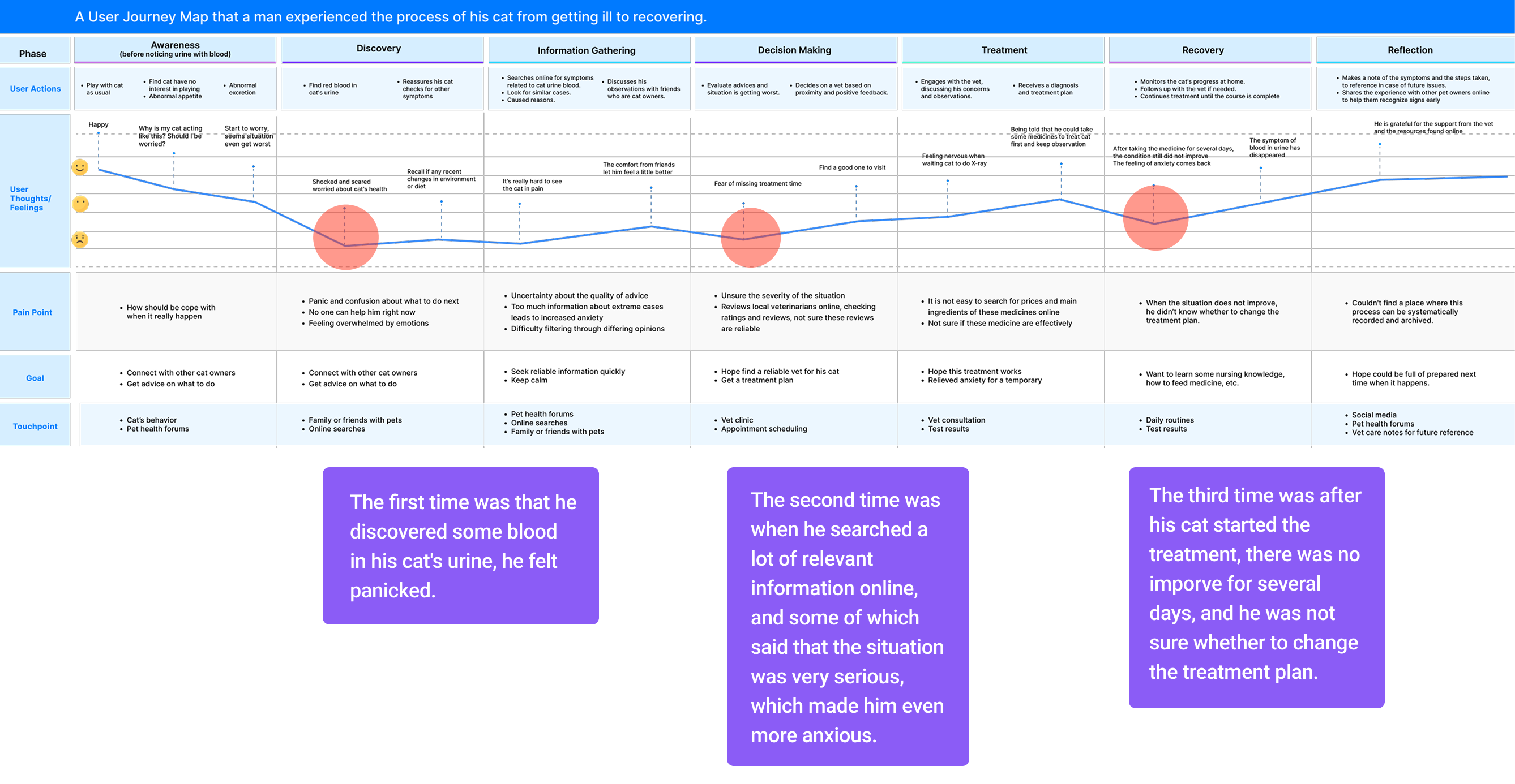 User journey map showing emotional arc during a pet emergency