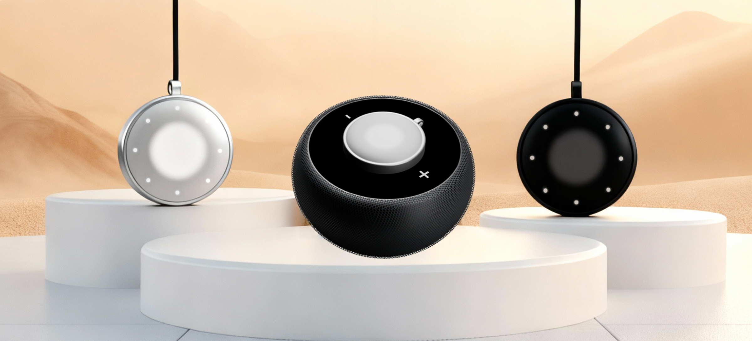 TouchNest pendants in silver and black with charging dock