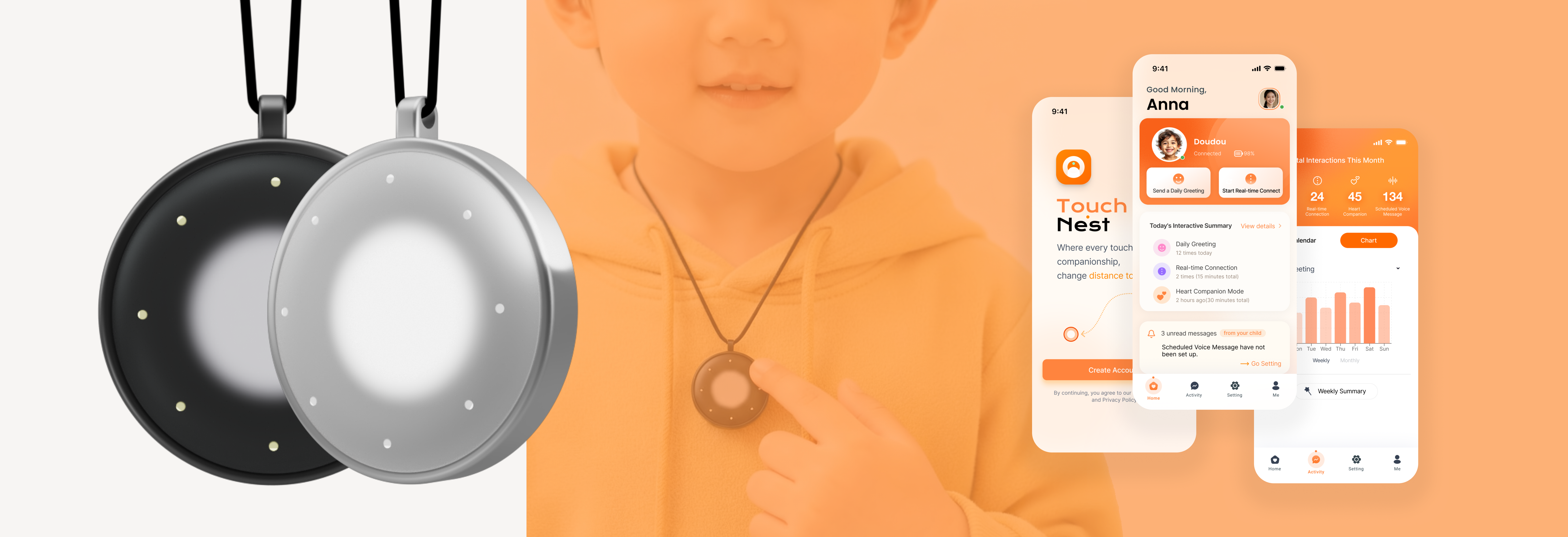 TouchNest parent and child pendants with companion app screens