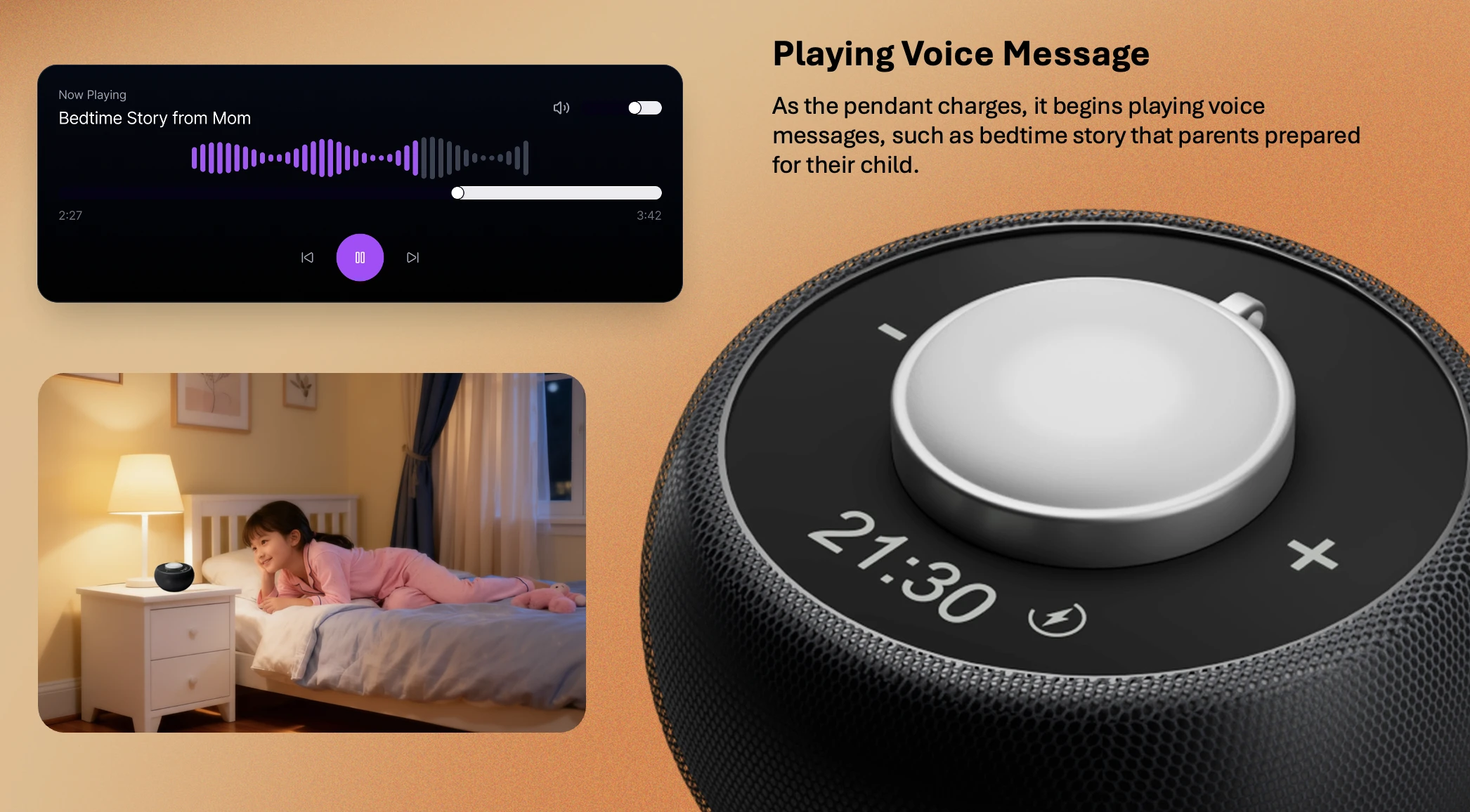 Pendant playing a voice message such as a bedtime story