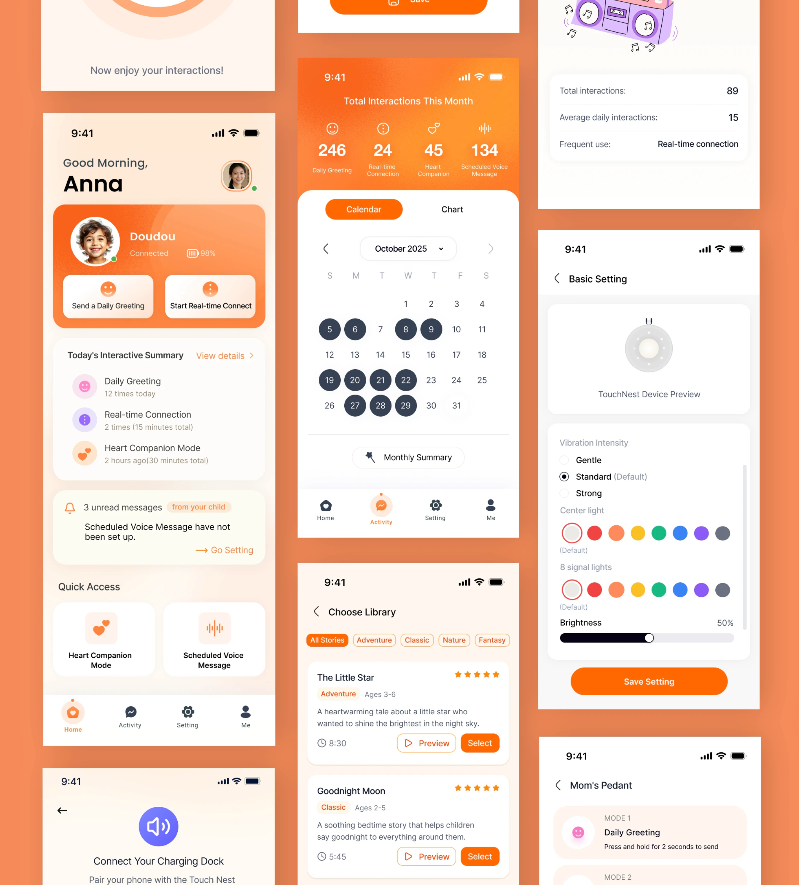 TouchNest companion app UI screens