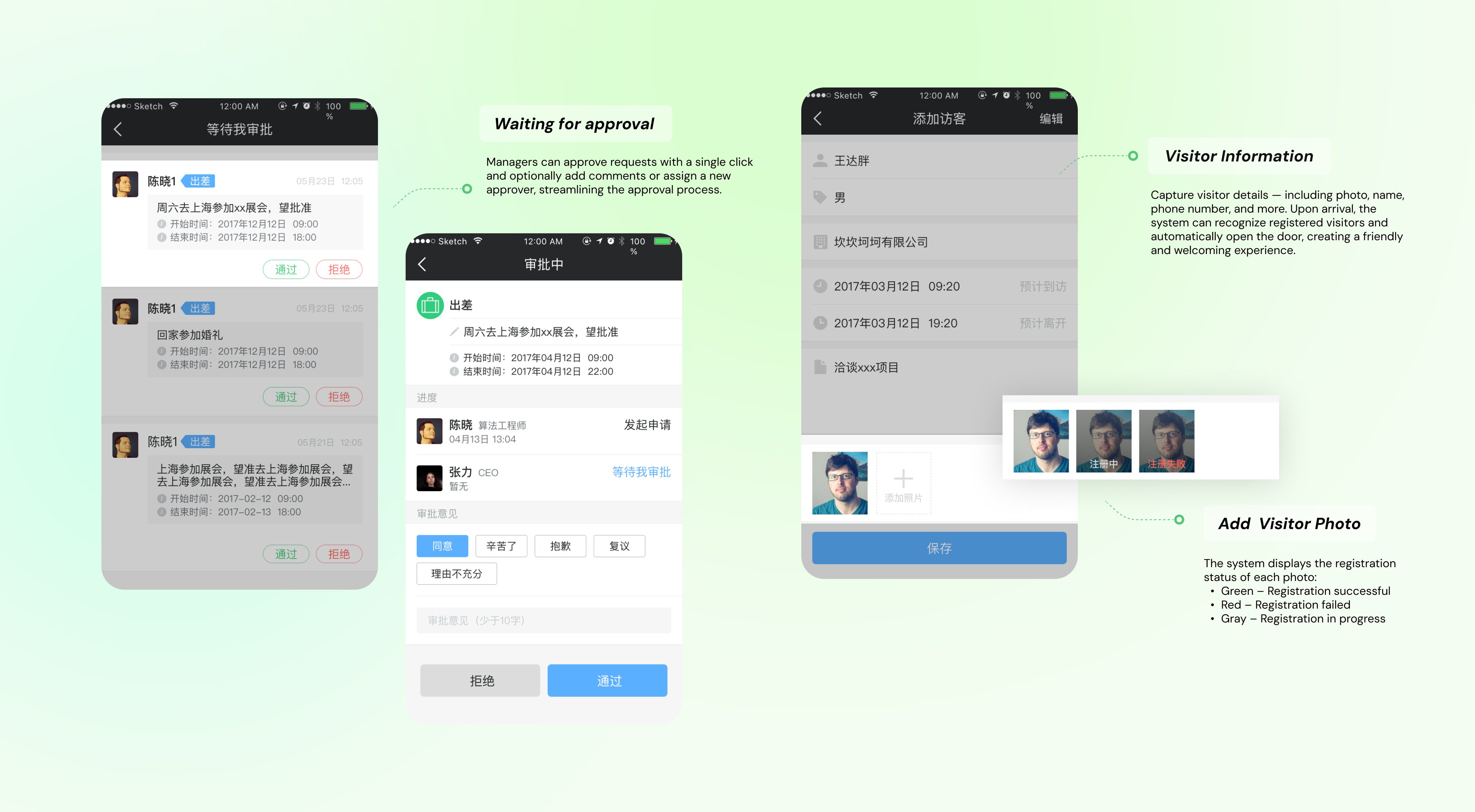 Visitor registration, approval flow & photo verification